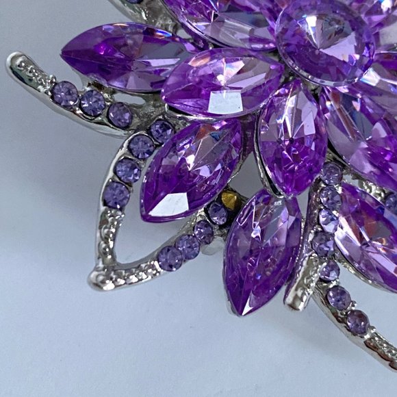 Purple Rhinestones Flower Large Crystal Floral Brooch Silver Tone 2.5in - Picture 4 of 11